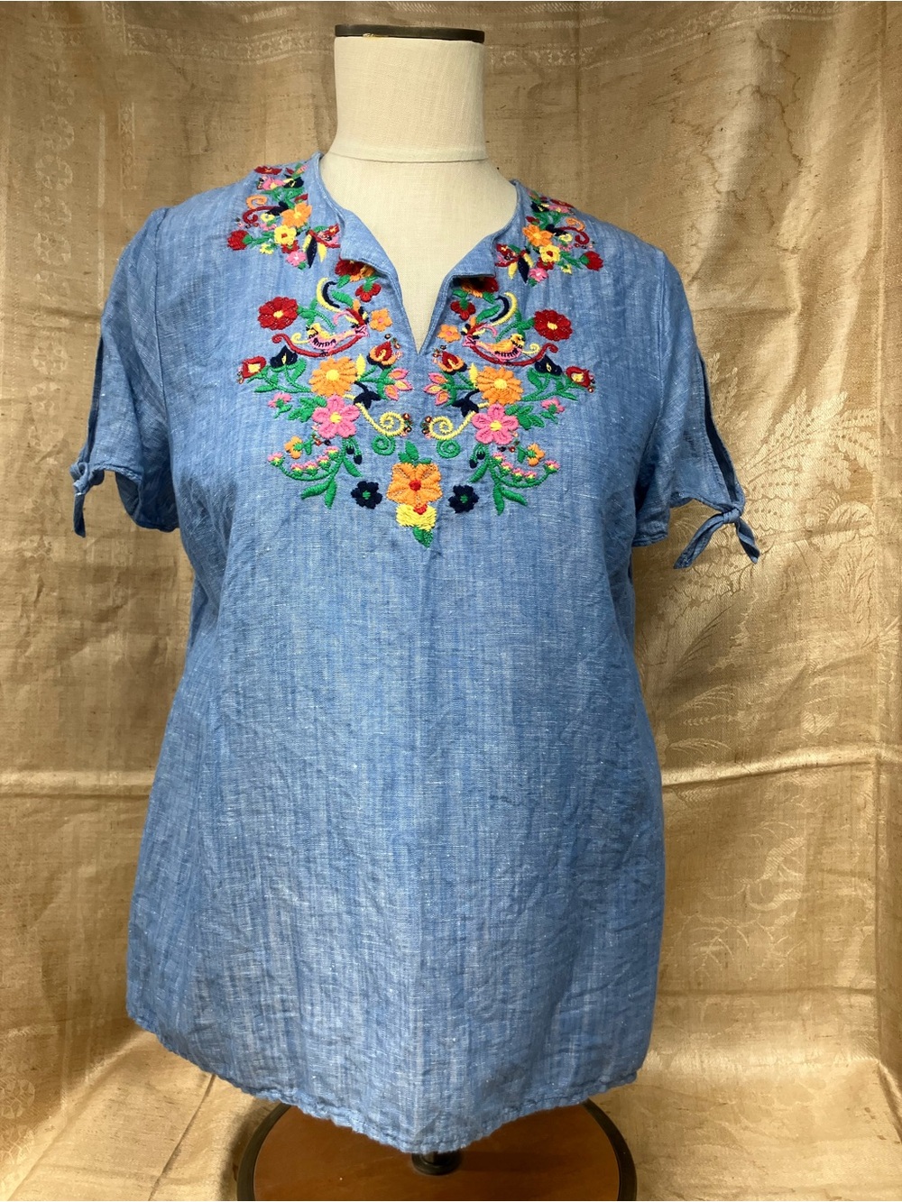 Talbots Chambray Embroidered V-Neck Top